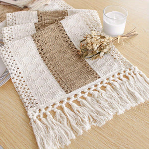 Bohemian Chic 72-Inch Polyester Table Runner with Tassels - Rustic Cream & Brown for Dining & Bedroom Decor