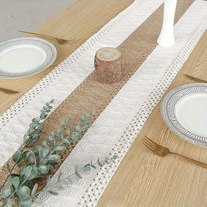 Bohemian Chic 72-Inch Polyester Table Runner with Tassels - Rustic Cream & Brown for Dining & Bedroom Decor