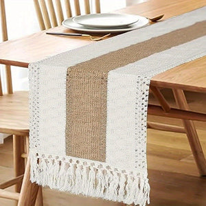 Bohemian Chic 72-Inch Polyester Table Runner with Tassels - Rustic Cream & Brown for Dining & Bedroom Decor