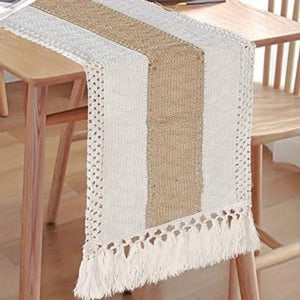 Bohemian Chic 72-Inch Polyester Table Runner with Tassels - Rustic Cream & Brown for Dining & Bedroom Decor