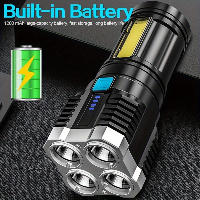 1pc LED Flashlight, Powerful 4 LED Flashlight With COB Side Light, 4 Modes USB Rechargeable LED Torch, Waterproof Built In Battery Flashligh