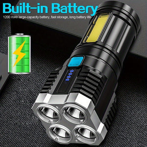 1pc LED Flashlight, Powerful 4 LED Flashlight With COB Side Light, 4 Modes USB Rechargeable LED Torch, Waterproof Built In Battery Flashligh