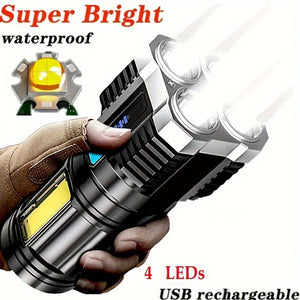 1pc LED Flashlight, Powerful 4 LED Flashlight With COB Side Light, 4 Modes USB Rechargeable LED Torch, Waterproof Built In Battery Flashligh