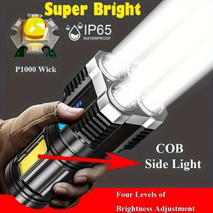 1pc LED Flashlight, Powerful 4 LED Flashlight With COB Side Light, 4 Modes USB Rechargeable LED Torch, Waterproof Built In Battery Flashligh