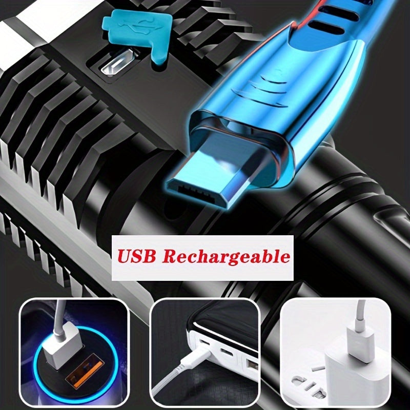 1pc LED Flashlight, Powerful 4 LED Flashlight With COB Side Light, 4 Modes USB Rechargeable LED Torch, Waterproof Built In Battery Flashligh