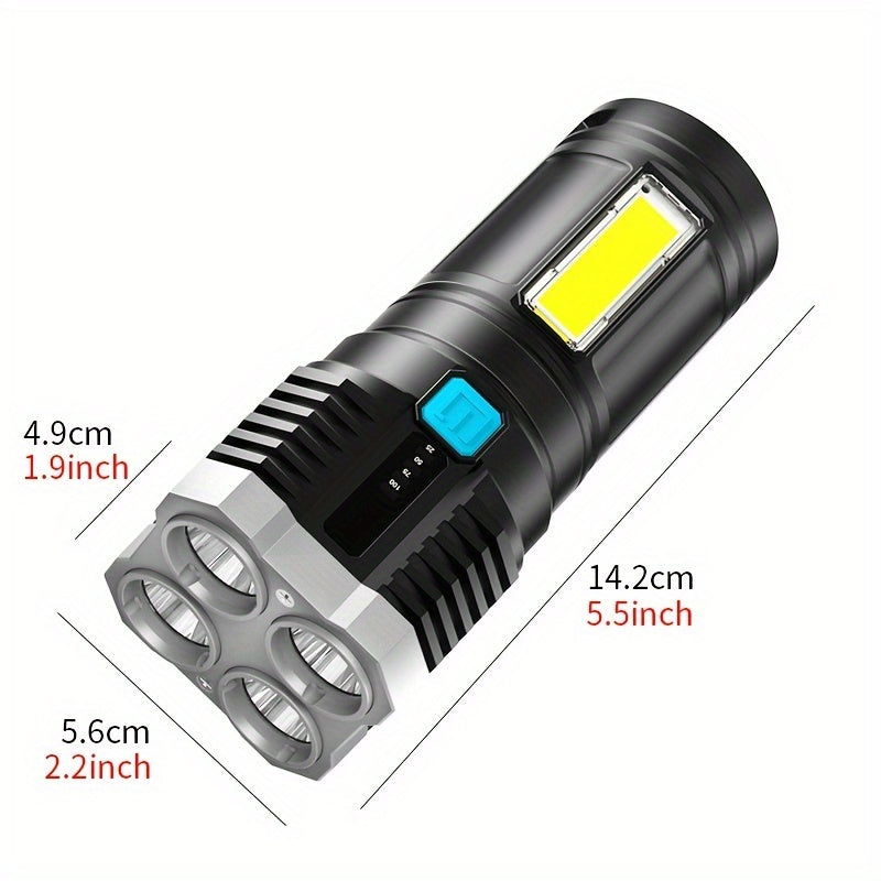 1pc LED Flashlight, Powerful 4 LED Flashlight With COB Side Light, 4 Modes USB Rechargeable LED Torch, Waterproof Built In Battery Flashligh