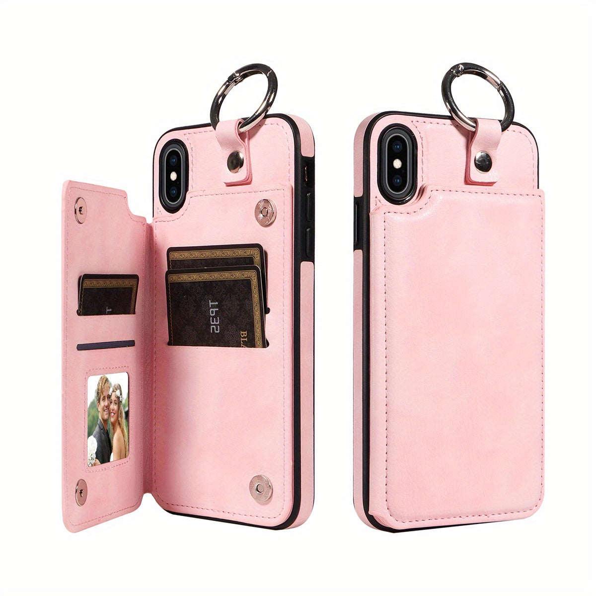 For IPhone 15/14/13/12/11 Pro Max/X/XS Max Wallet Case With Card Holder, Ring Buckle Artificial Leather Kickstand Card Slots Case, Double Ma