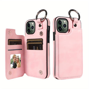 For IPhone 15/14/13/12/11 Pro Max/X/XS Max Wallet Case With Card Holder, Ring Buckle Artificial Leather Kickstand Card Slots Case, Double Ma