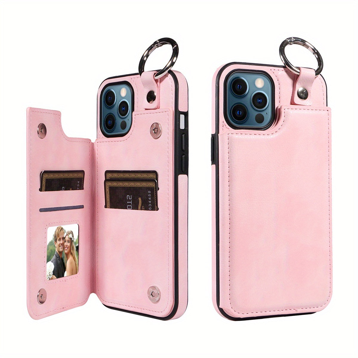 For IPhone 15/14/13/12/11 Pro Max/X/XS Max Wallet Case With Card Holder, Ring Buckle Artificial Leather Kickstand Card Slots Case, Double Ma