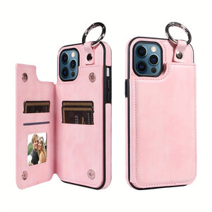 For IPhone 15/14/13/12/11 Pro Max/X/XS Max Wallet Case With Card Holder, Ring Buckle Artificial Leather Kickstand Card Slots Case, Double Ma