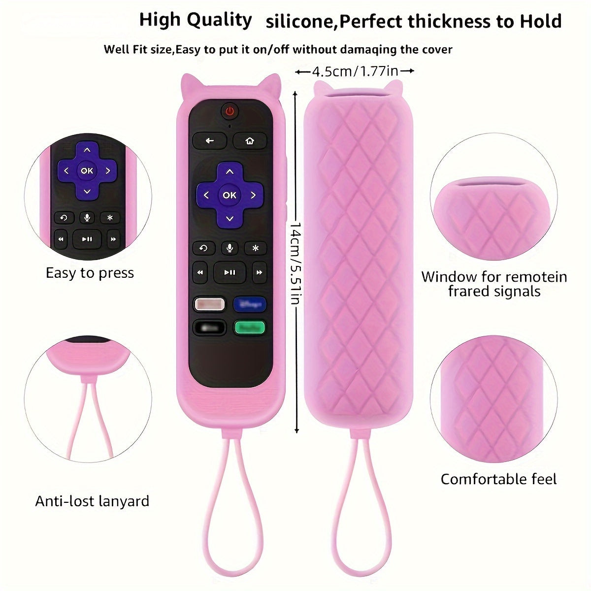 Glow In The Dark Cute Cat's Ears Shaped Silicone Universal Remote Control Cover With Lanyard Suitable For TCL For Hisense For Roku TV Remote