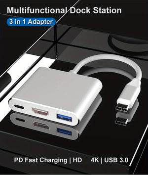 3 In 1 Type C To 4K HDMI-compatible USB 3.1 Charging Adapter USB C Hub USB 3.1 Dock Station Splitter For Laptop Macbook Air Pro.