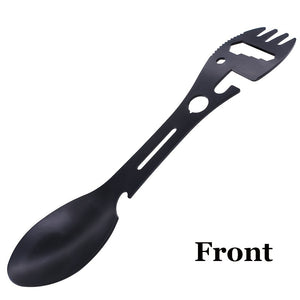 10-in-1 Multi-Functional Spork: Stainless Steel Portable Utensil Spoon, Can Opener, Serrated Knife, Wrench, Direction Indicator, Harpoon - P