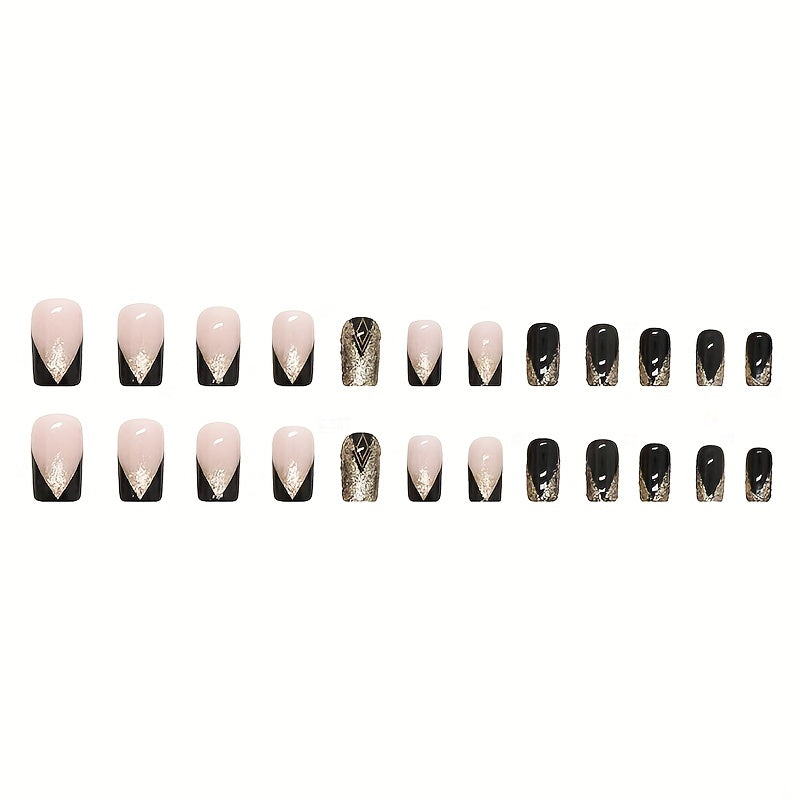 24pcs Short Square Shape Press On Nails, Fake Nail With Golden Glitter Powder Decor,  Golden Black Fake Nails,  Glossy  Acrylic Full Cover N