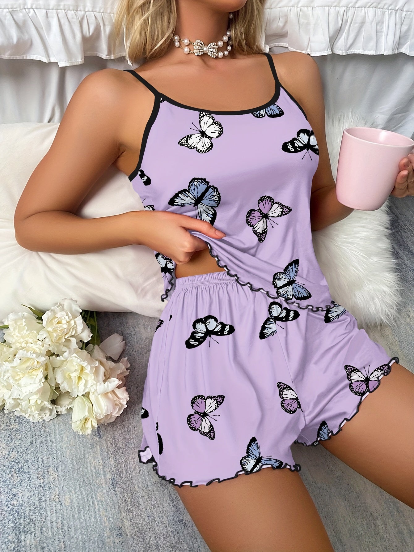 Women's Butterfly Print Pajama Set - Delicate Lettuce Trim Cami & Comfortable Elastic Waist Shorts - Ideal for Sleep or Lounge