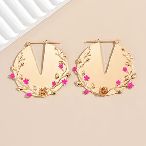 Golden Flower Leaf Hoop Earrings Chunky Personality Ear Accessories For Women