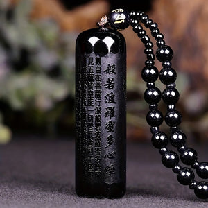 1pc Heart Sutra Round Bead Pendant With Natural Obsidian And Bead Chain, Spiritual Enlightenment Jewelry For Men Women