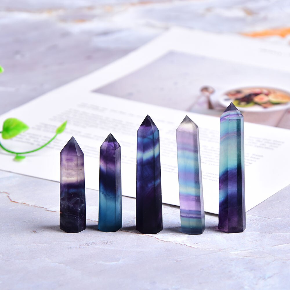 Natural Crystal Colored fluorite Point Healing Stone Hexagonal Prisms 40-80mm Obelisk Wand Treatment Stone DIY Gift 1PC