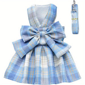 Plaid Dog Dress Bow Tie Harness Leash Set For Small Dogs Cats Cute Princess Dog Dresses Spring Summer Puppy Bunny Rabbit Clothes Bowknot Tut