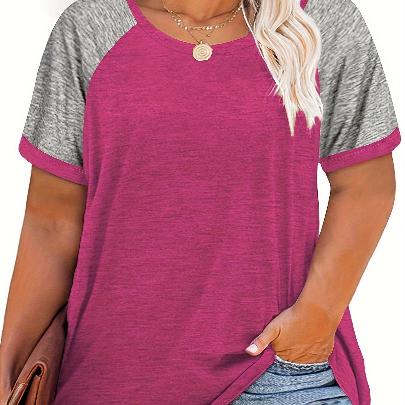 Plus Size Casual T-shirt, Women's Plus Colorblock Short Sleeve Round Neck Slight Stretch T-shirt