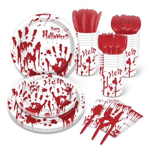 Halloween Blood Hand Bleeding Paper Plates Party Supplie Napkins 68PCS Set US Local Shipping