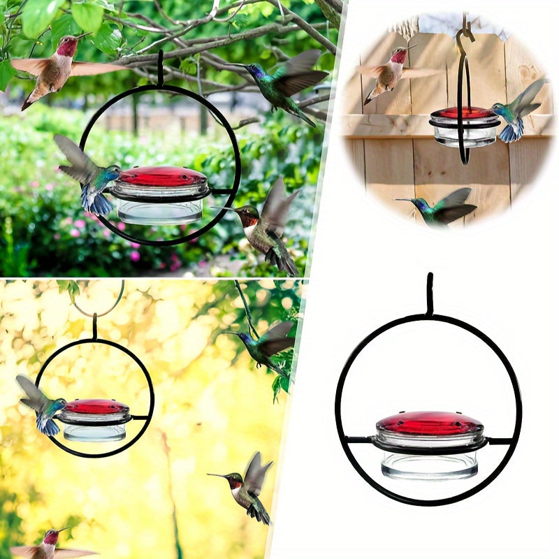 1pc Beautiful Hanging Hummingbird Feeder, Metal Bottle Humming Bird Feeder With Circular Metal Frame And Perch