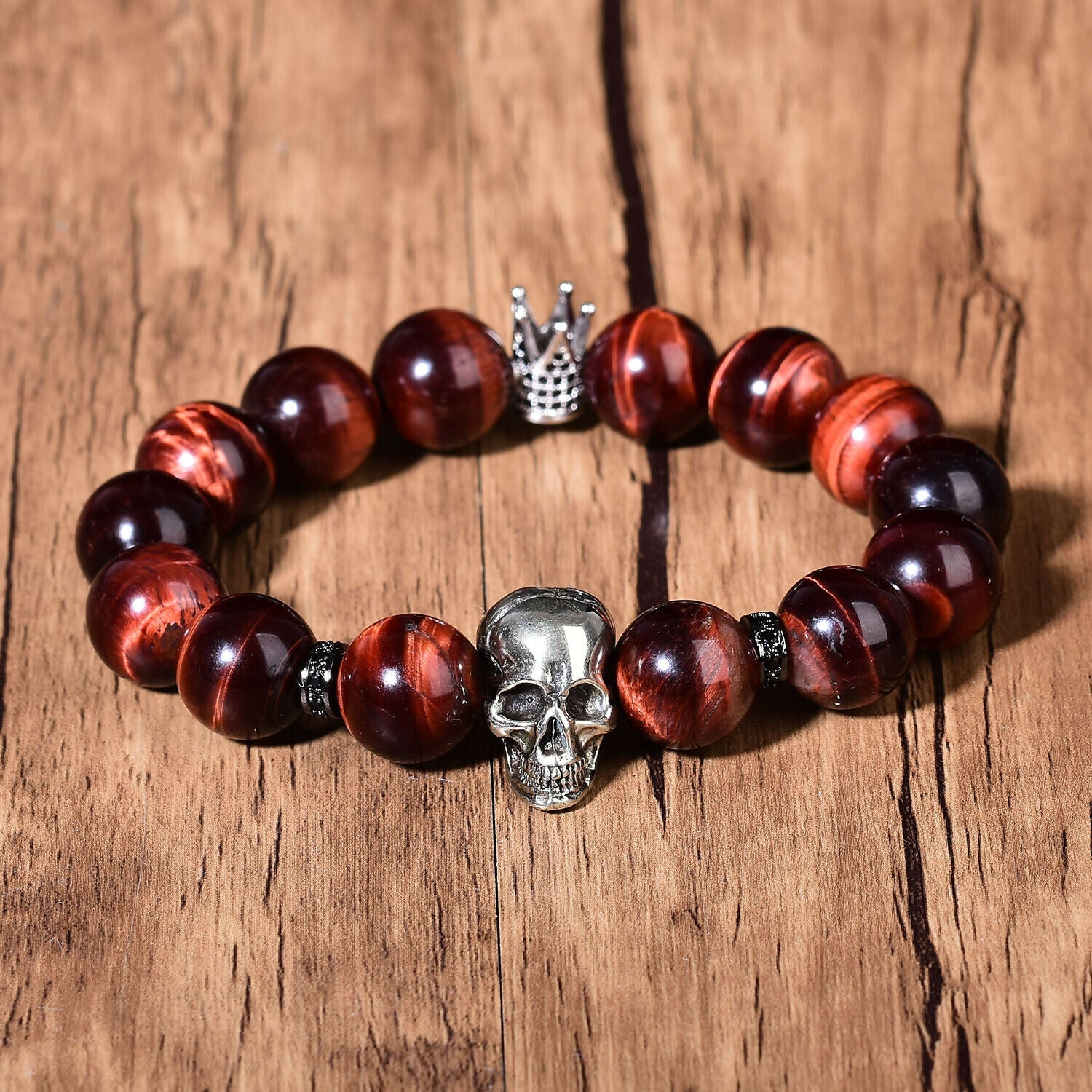 Natural Red Tigers Eye Bracelet Reiki Style Skull Fashion Chakra Crystal Beads