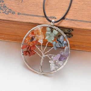 Gemstone Quartz Crystal Wisdom Life Tree Woven Pendant Necklace Chakra Chain