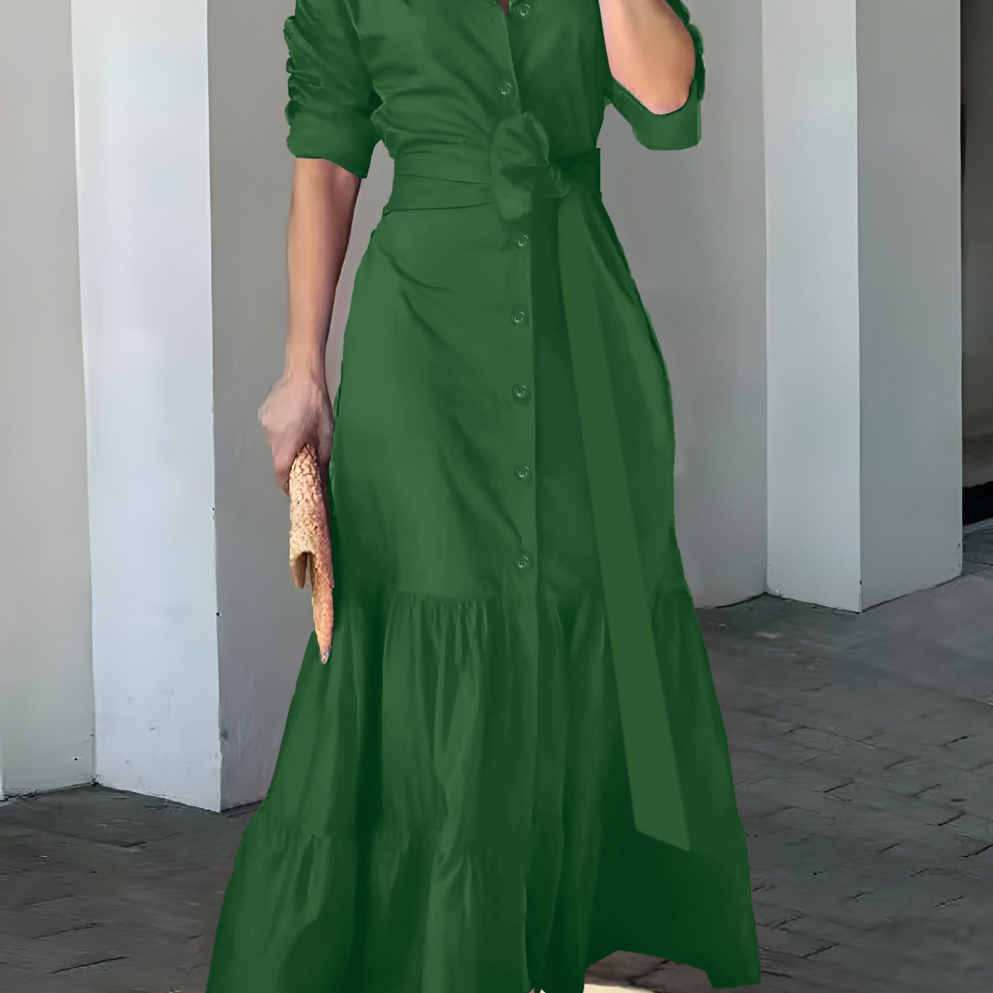 Elegant Maxi Dress with Belt and Ruched Sleeves for Women - Chic Ruffle Trim, Woven Polyester, Ideal for Spring/Fall