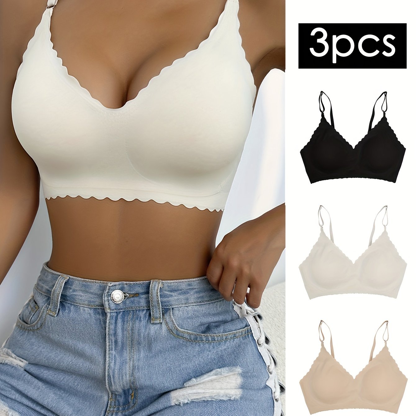 3-Piece Chic Wavy Trim Bralettes - Seamless & Breathable for Daily Comfort | Wireless Intimates Set - Everyday Elegance