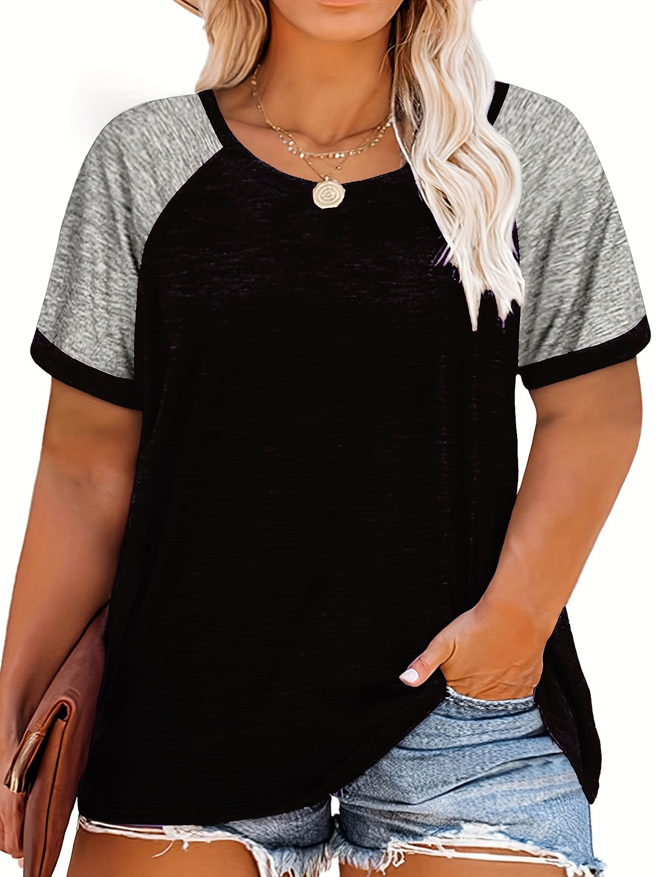 Plus Size Casual T-shirt, Women's Plus Colorblock Short Sleeve Round Neck Slight Stretch T-shirt