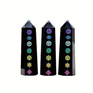 Black Obsidian Seven Main Chakras Symbolic Crystal Tower Healing Crystal The Seven Chakras Wand For Spiritual Use Hexagonal Point Reiki Chakra Gemsone Home Office Decoration