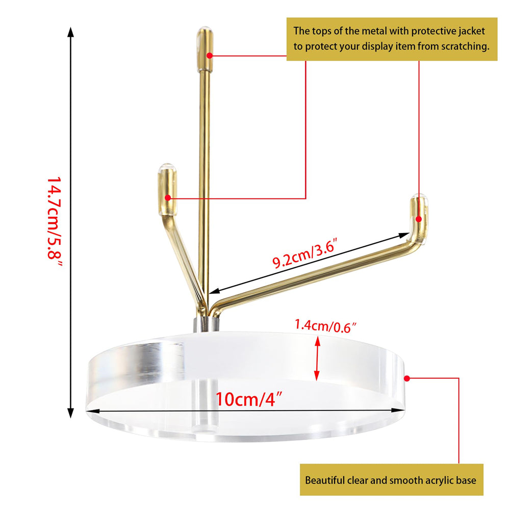 Clear Acrylic Display Stand Holder with Adjustable Metal Arms, Gold Plates Display Stand Easel for Plate Geodes Fossils Minerals Crystals