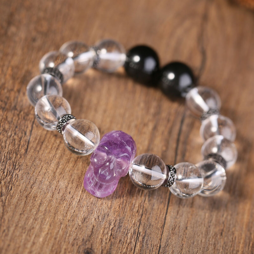 Purple Amethyst Skull Gothic Bracelet Fashion White QUARTZ Crystal Beads Jewelry