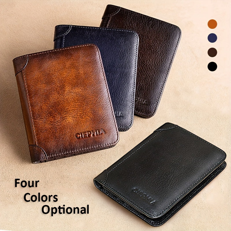 1pc Genuine Leather Rfid Blocking Wallets For Men, Retro Thin Short Multi-functional ID Credit Card Holder, Gifts To Men On Valentine's Day