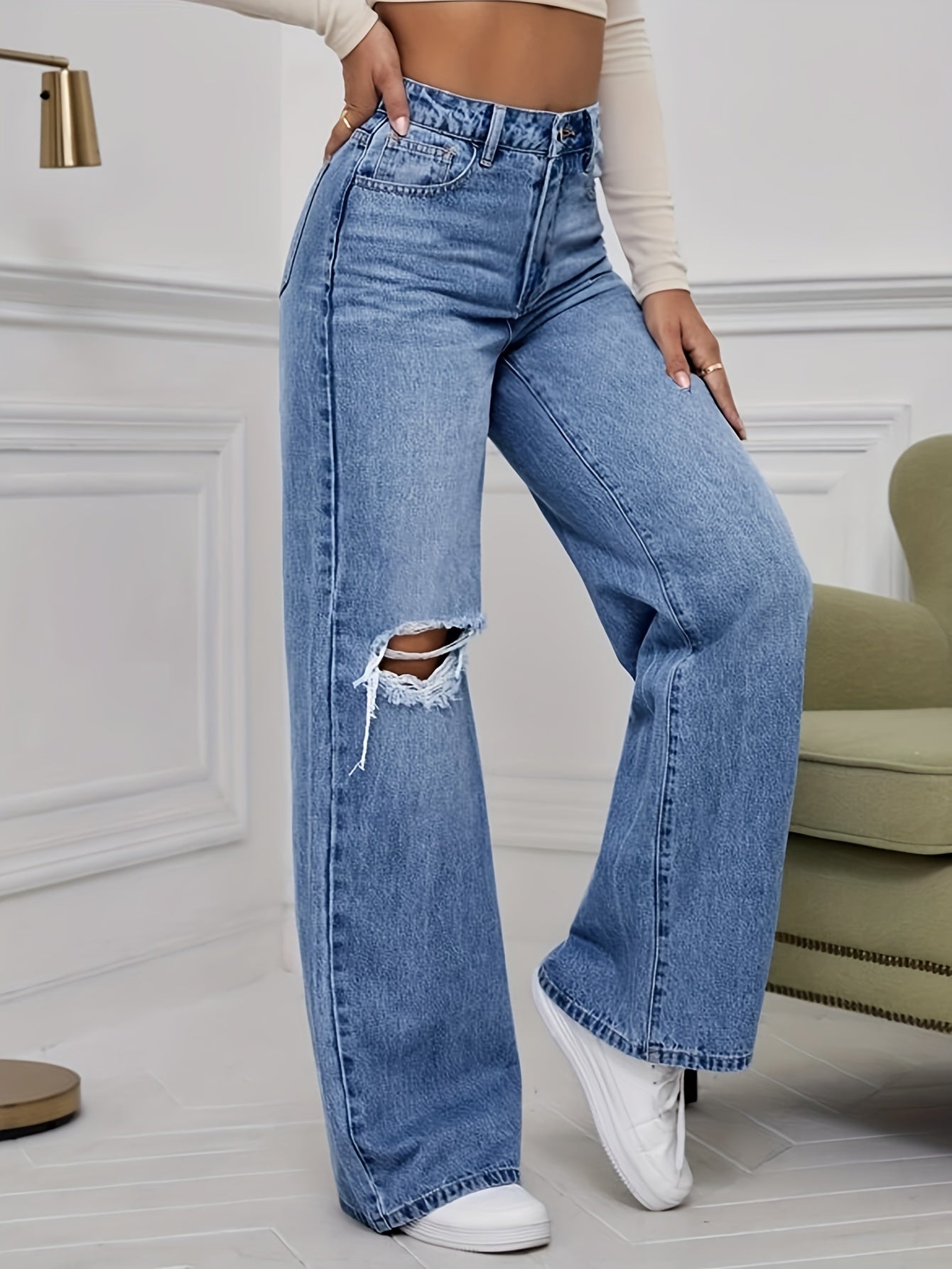 Women's High-Waist Ripped Bootcut Jeans - Wide-Leg Cotton Denim for All Seasons, Casual Everyday Wear