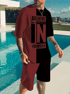 "Men's Summer 2Pcs Casual Outfit ""Believe In Yourself"" Motivational Tee and Adjustable Drawstring Shorts - Breathable, Stylish & Versatile