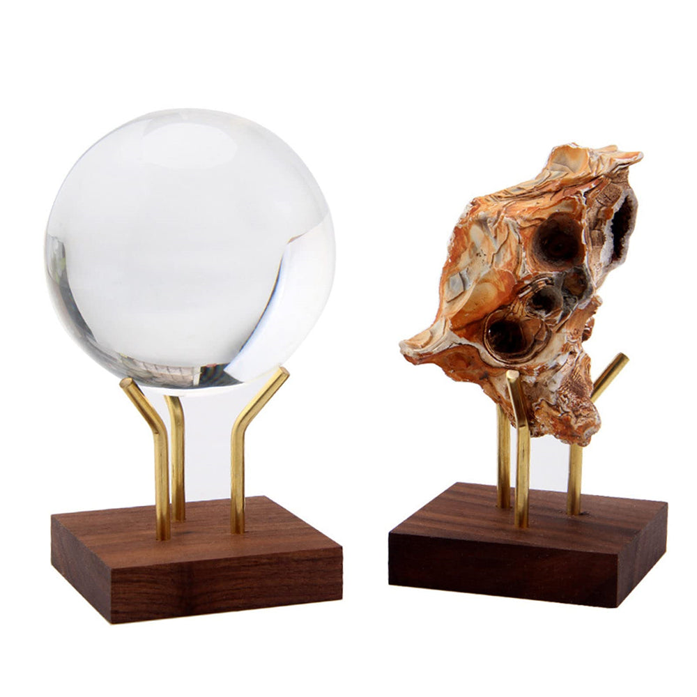 Wood Display Stand Brass Arm Pedestal Square Base Sphere Holder Collectibles Marbles Gems Base for Minerals Crystals Rocks Fossils Decors