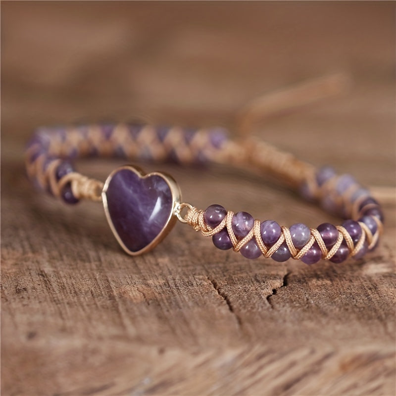 1pc Trendy Amethyst Double Layer Purple Heart Beads Bracelet For Men, Holiday Birthday Gift For Boyfriends Girlfriends