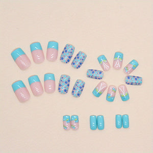 24pcs Blue Green Butterfly Press On Nails Medium, Square Shape Fake Nails With Glitter Sequin Design, Glossy Full Cover Daily False Nails Fo