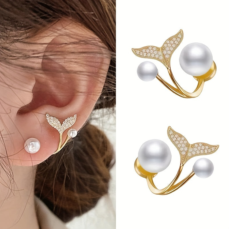 Pearl Mermaid Tail Stud Earrings, Alloy Rhinestone Decor Minimal Japanese And Korean Elegant Style Women's Earrings Jewelry