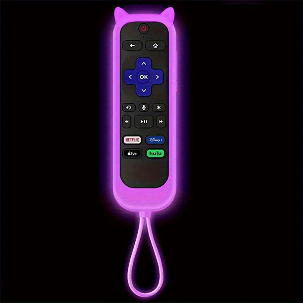 Glow In The Dark Cute Cat's Ears Shaped Silicone Universal Remote Control Cover With Lanyard Suitable For TCL For Hisense For Roku TV Remote