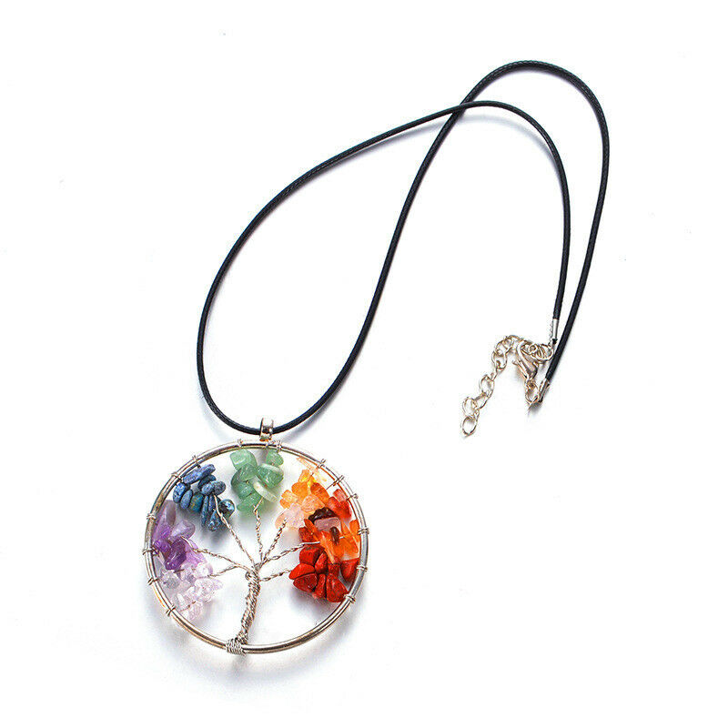 Gemstone Quartz Crystal Wisdom Life Tree Woven Pendant Necklace Chakra Chain