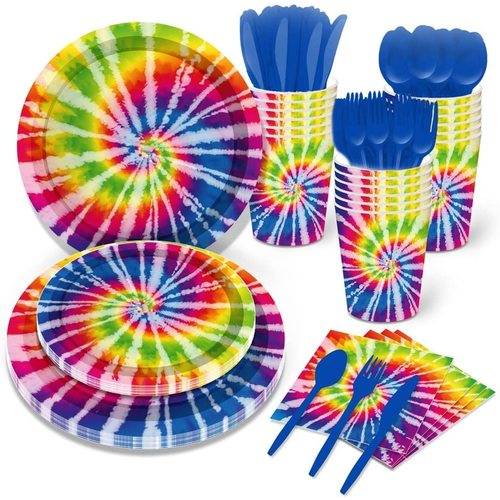 68PCS Set US Tie Dye Party Supplies Birthday Dinnerware Paper Plates Rainbow Pastel Local Shipping