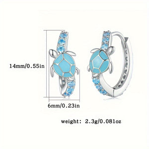 Sterling 925 Silver Jewelry Cute Turtle Design Blue Hoop Earrings With Shiny Zircon Decor Creative Female Gift