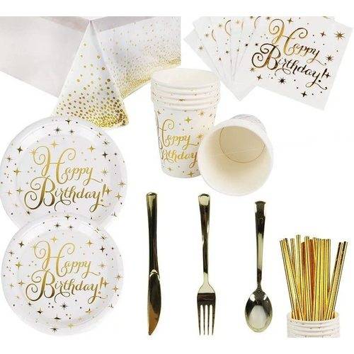 112PCS Bronzing Gold Happy Birthday Paper Plates Party Supplies Tableware Set Set US Local Shipping