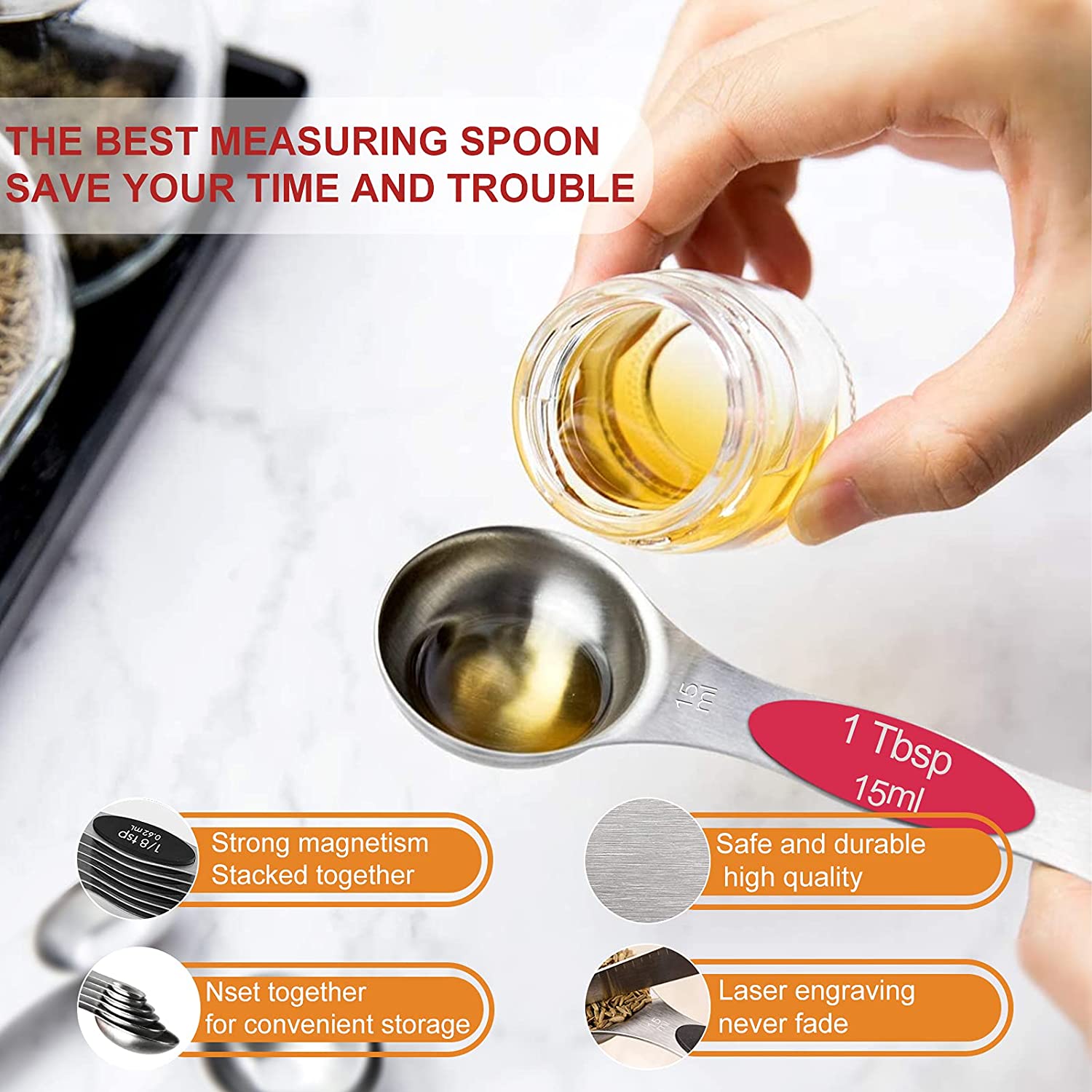 9pcs Stainless Steel Magnetic Measuring Spoons - Dual Sided for Liquid and Dry Ingredients - Fits in Spice Jars - Perfect for Measuring Accu