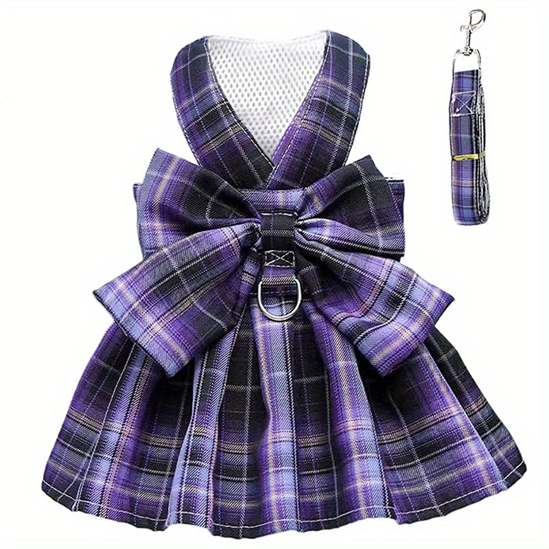 Plaid Dog Dress Bow Tie Harness Leash Set For Small Dogs Cats Cute Princess Dog Dresses Spring Summer Puppy Bunny Rabbit Clothes Bowknot Tut