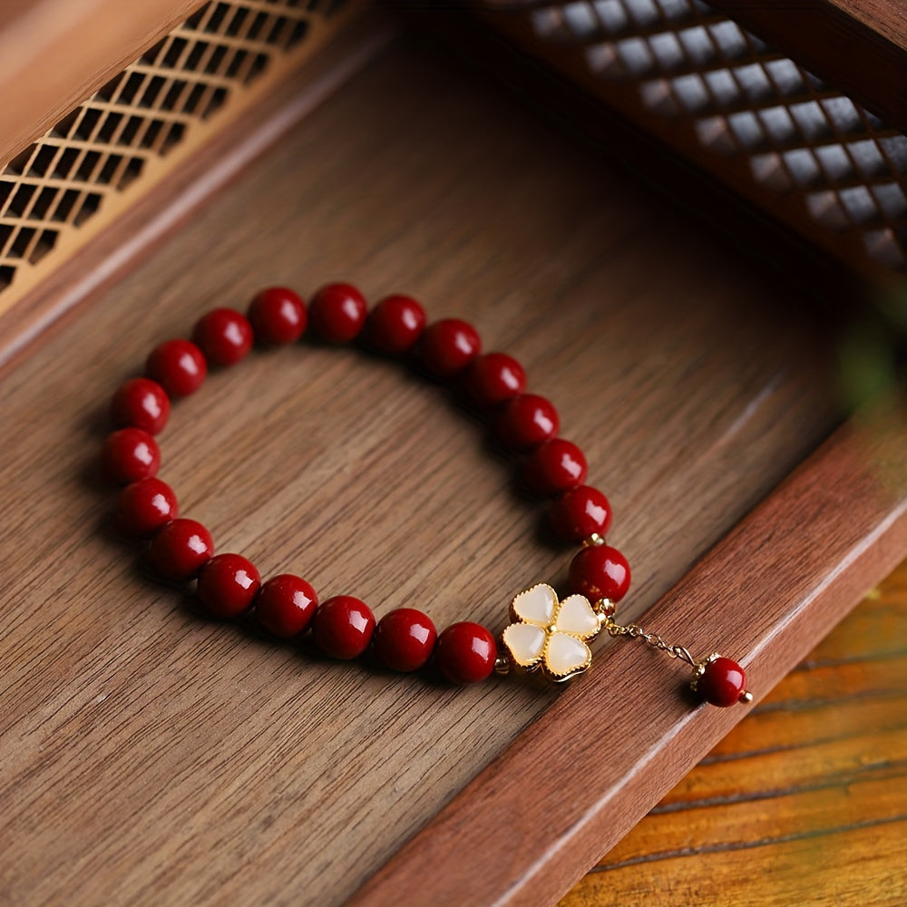 1pc Natural Cinnabar Clover Lucky Bracelet, Unisex Gifts For Various Holidays, Christmas Gifts