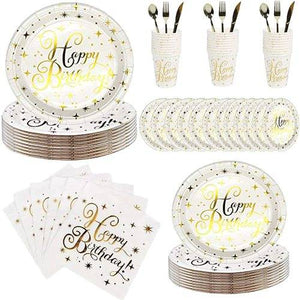 112PCS Bronzing Gold Happy Birthday Paper Plates Party Supplies Tableware Set Set US Local Shipping